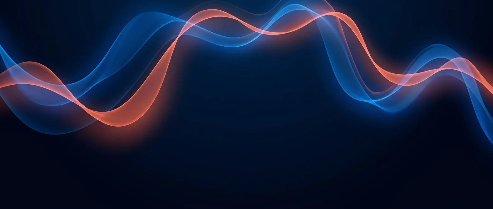 音声波形が光のリボンのように流れるダークブルーの背景