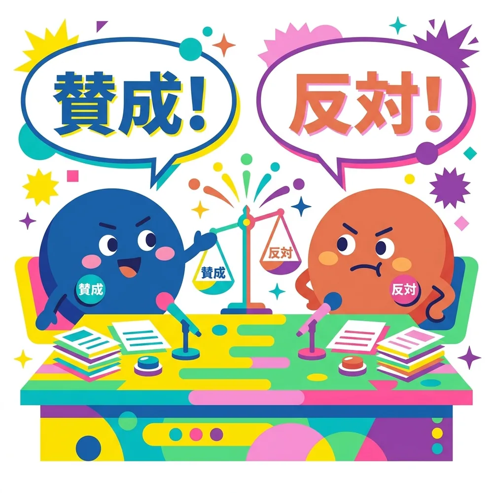青チームとコーラルチームが賛成・反対で議論し中央に天秤があるイラスト