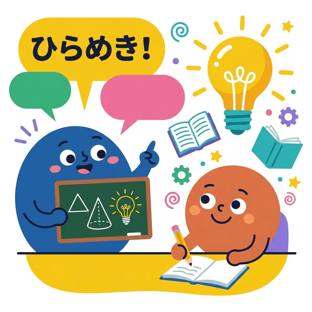 先生キャラが黒板で説明し生徒キャラがノートを取るイラスト