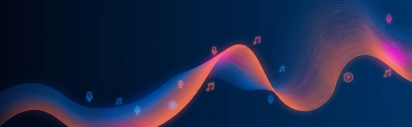 音声波形が光のリボンのように流れるダークブルーの背景