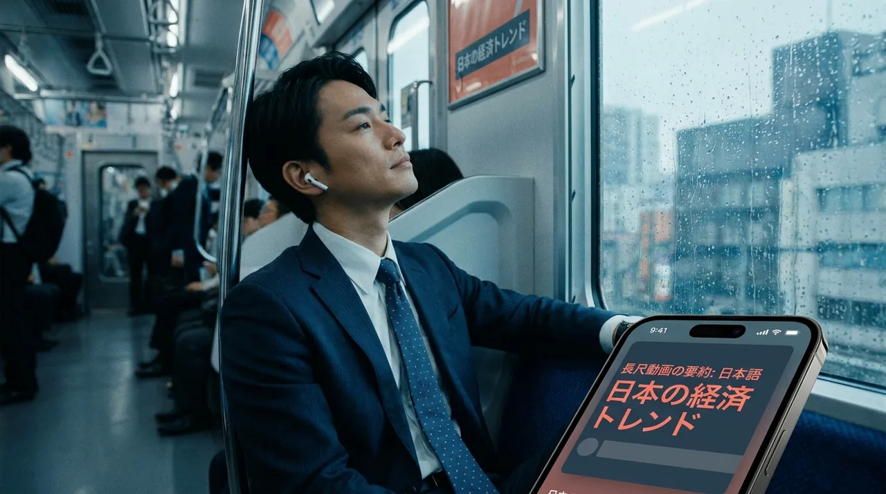 通勤電車でイヤホンで長尺動画の要約を聴く社会人